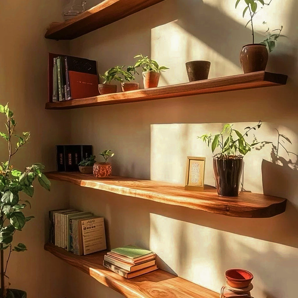 Brown hardwood wall shelf with a naturally shaped live edge
