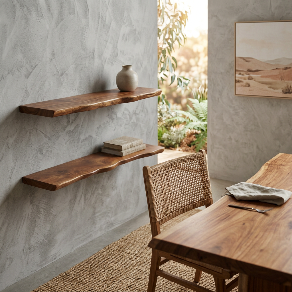 Brown hardwood wall shelf with a naturally shaped live edge