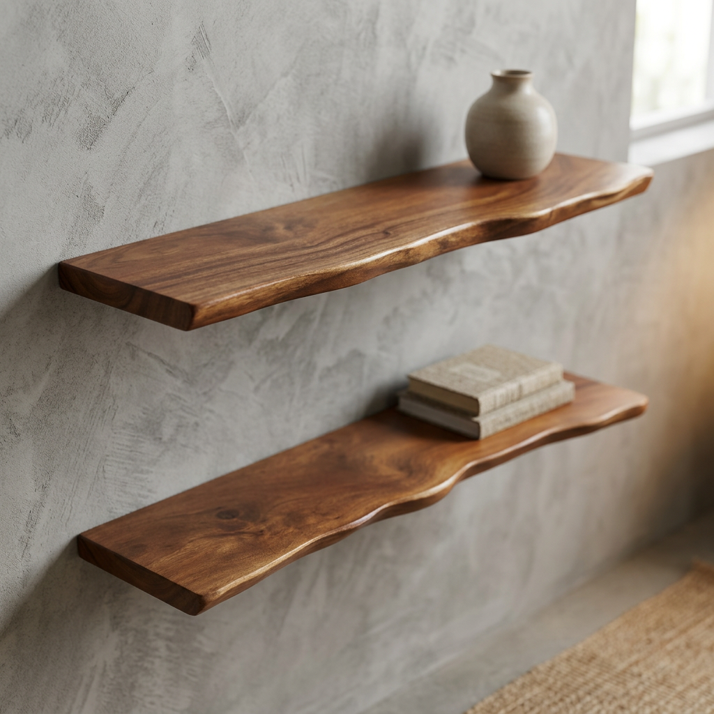 Brown hardwood wall shelf with a naturally shaped live edge