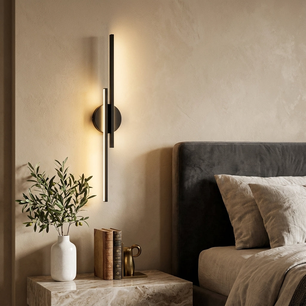Minimalist metal wall sconce with round backplate and vertical bars