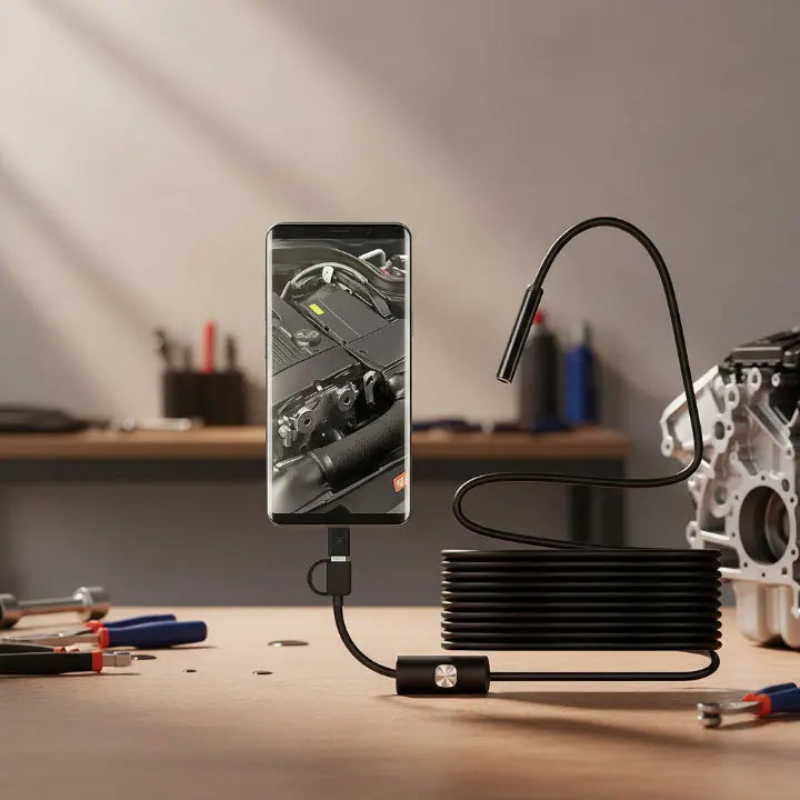 Black USB borescope camera with flexible inspection cable and connector