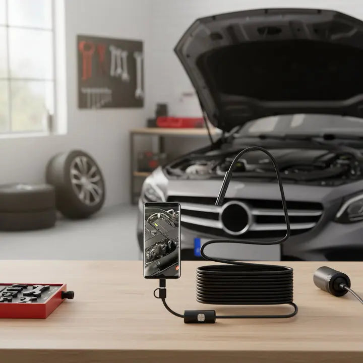 Black USB borescope camera with flexible inspection cable and connector