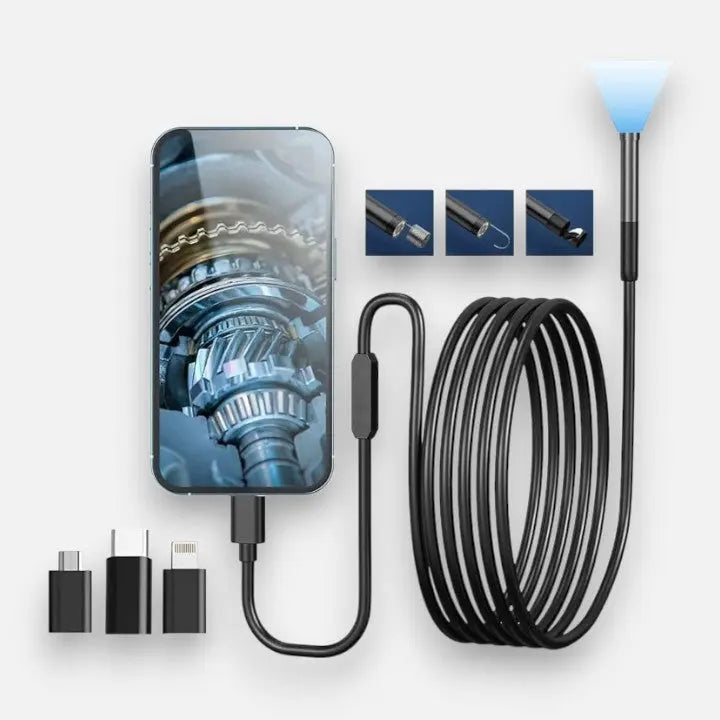 Black USB borescope camera with flexible inspection cable and connector
