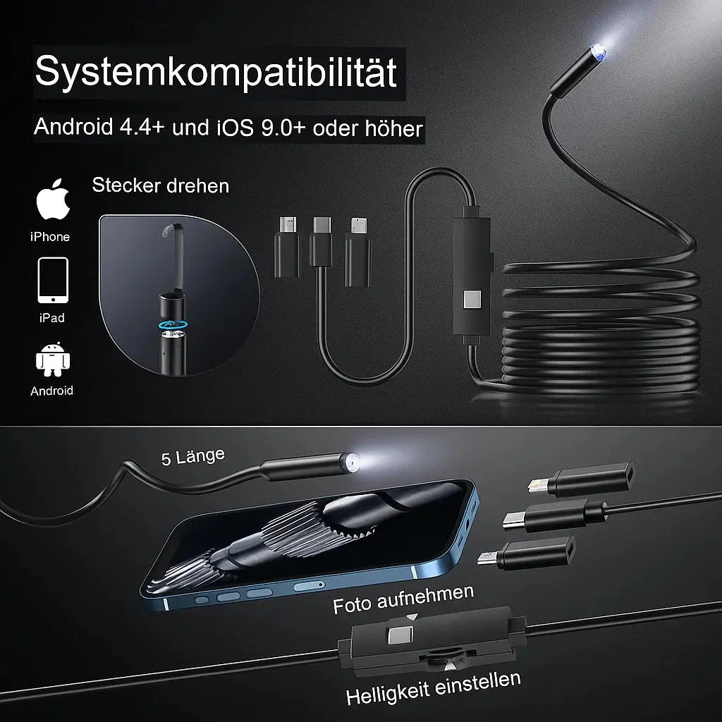 Black USB borescope camera with flexible inspection cable and connector