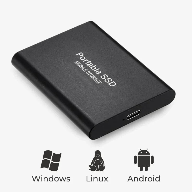 Portable SSD external drive connected to a laptop with USB cable