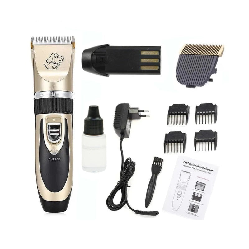 Black and gold cordless pet hair clipper with four guide combs and grooming accessories