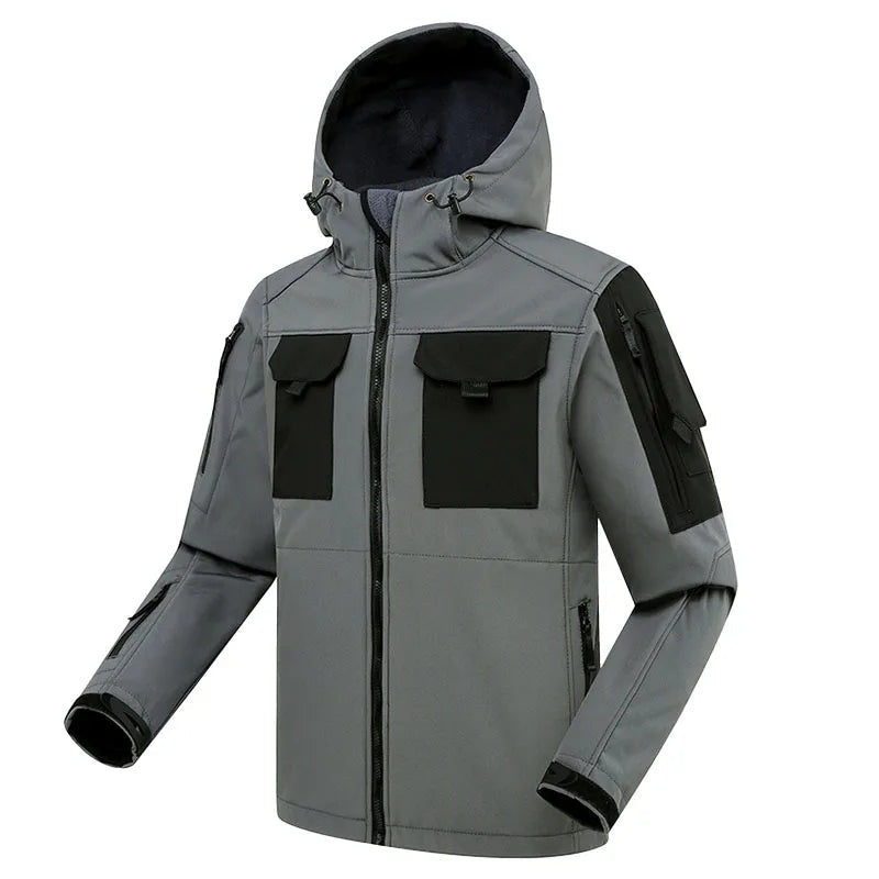 Outdoor cargo jacket and trousers set with hood and multiple utility pockets