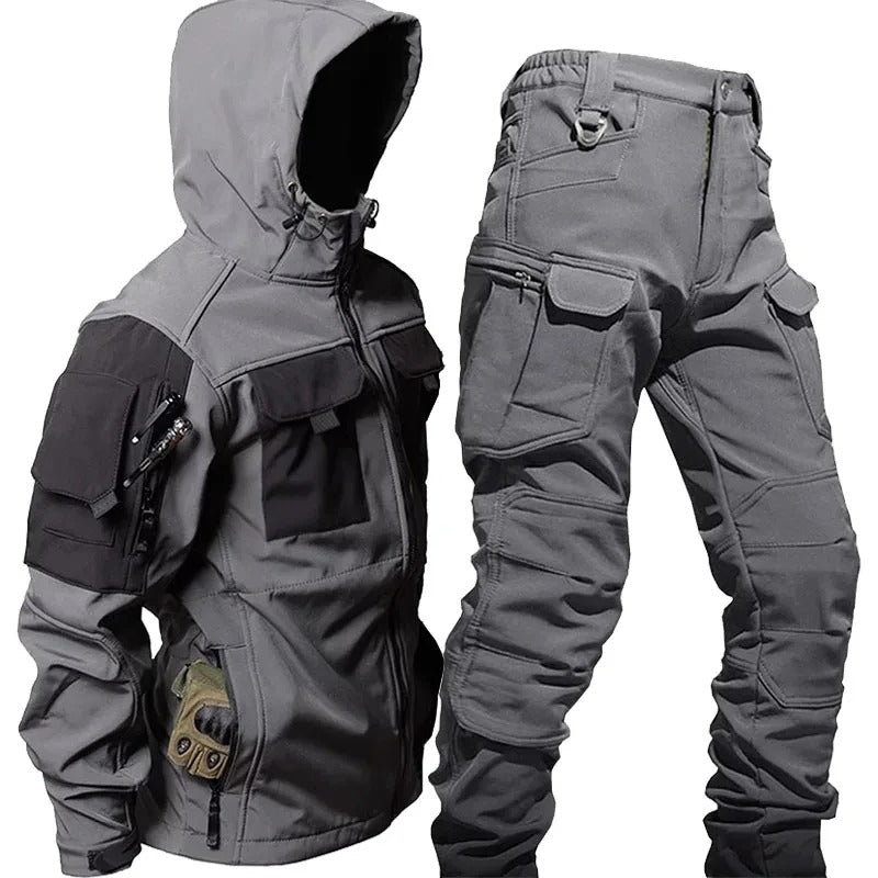 Outdoor cargo jacket and trousers set with hood and multiple utility pockets