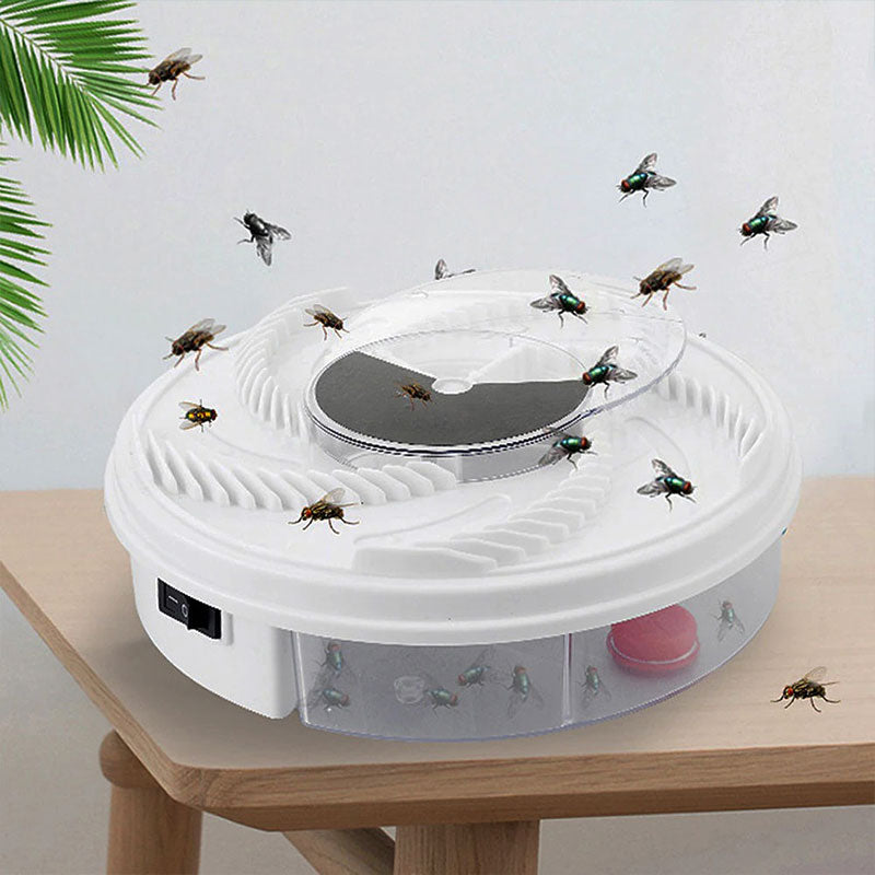 White round indoor fly trap with transparent collection chamber and front switch