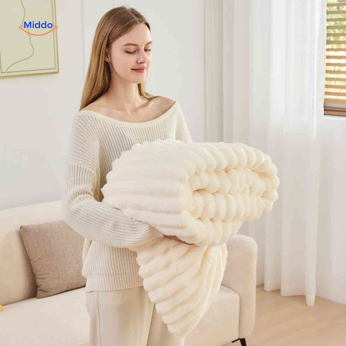 Soft plush throw blanket with wide raised ribbed texture