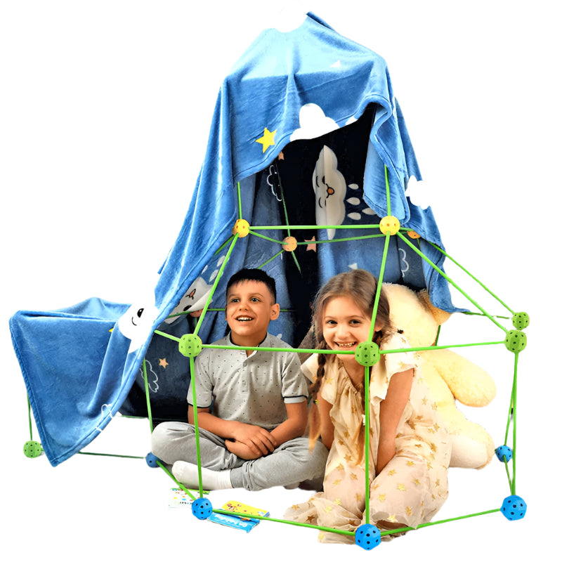 Children's fort building kit with green rods, coloured connectors and blue fabric cover