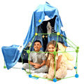 Children's fort building kit with green rods, coloured connectors and blue fabric cover