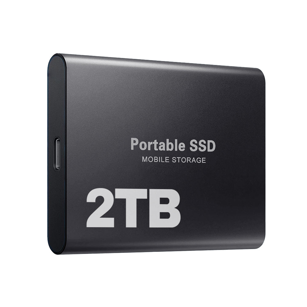 Portable 2TB external SSD with connection cable