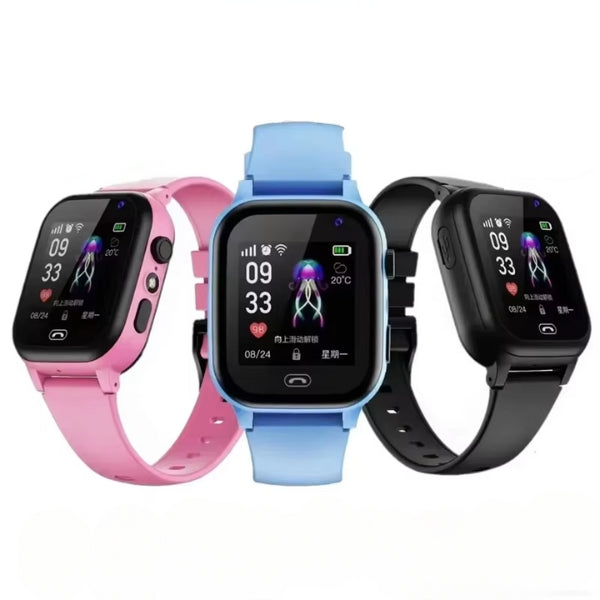 Kids GPS smartwatch with digital display, wrist strap and side buttons