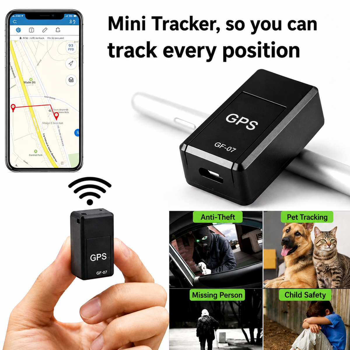 Black GF-07 mini GPS tracker beside a smartphone showing a map
