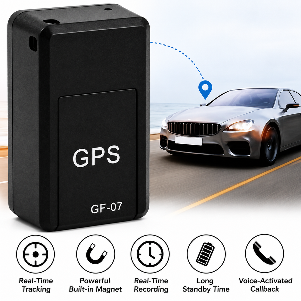 Black GF-07 mini GPS tracker beside a smartphone showing a map
