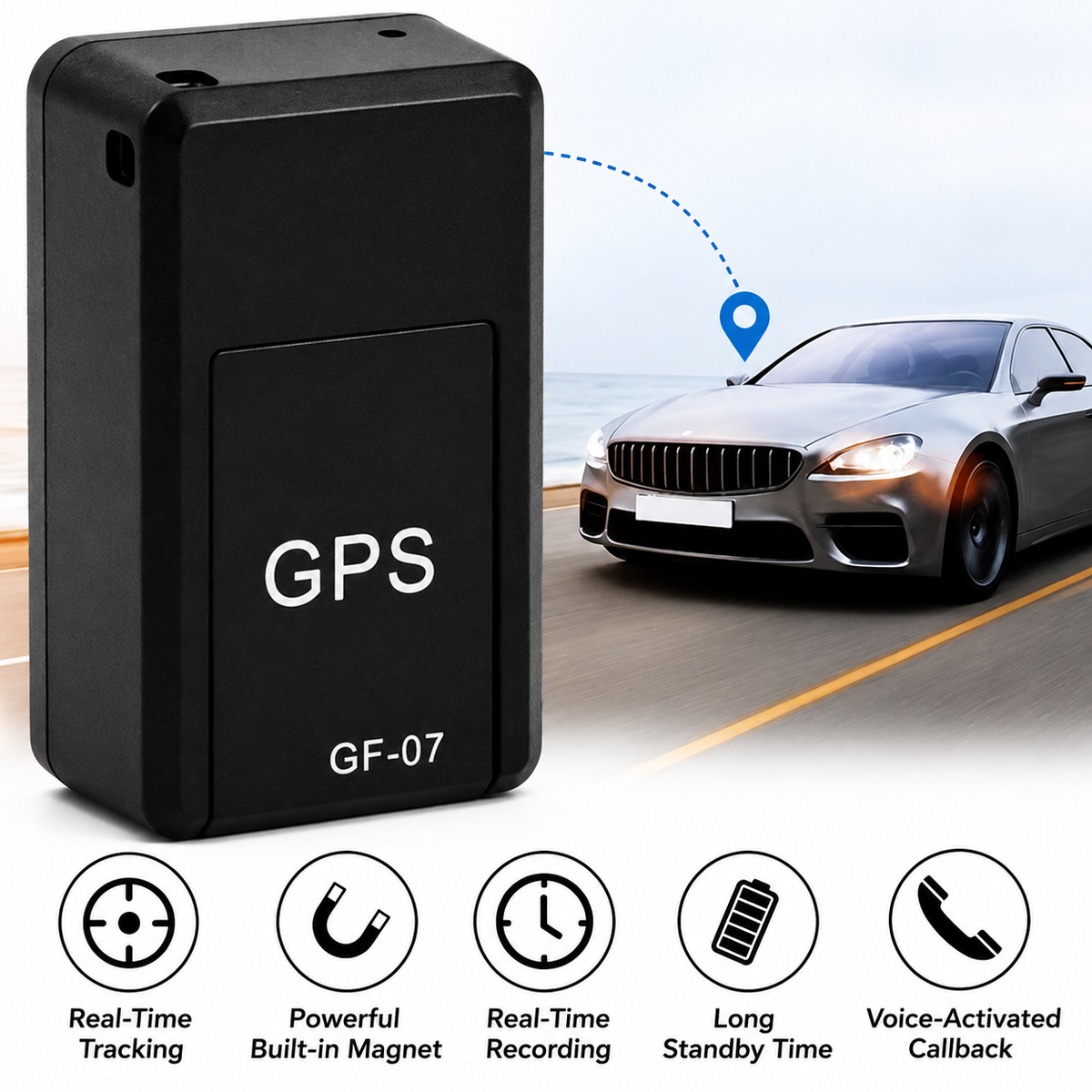 Black GF-07 mini GPS tracker beside a smartphone showing a map
