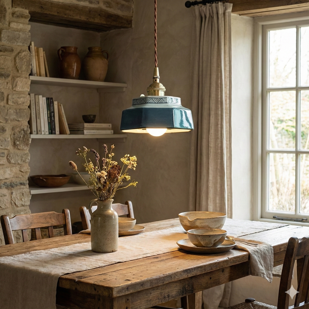 Geometric pendant lamp with patterned shade, copper-tone fitting and braided cord