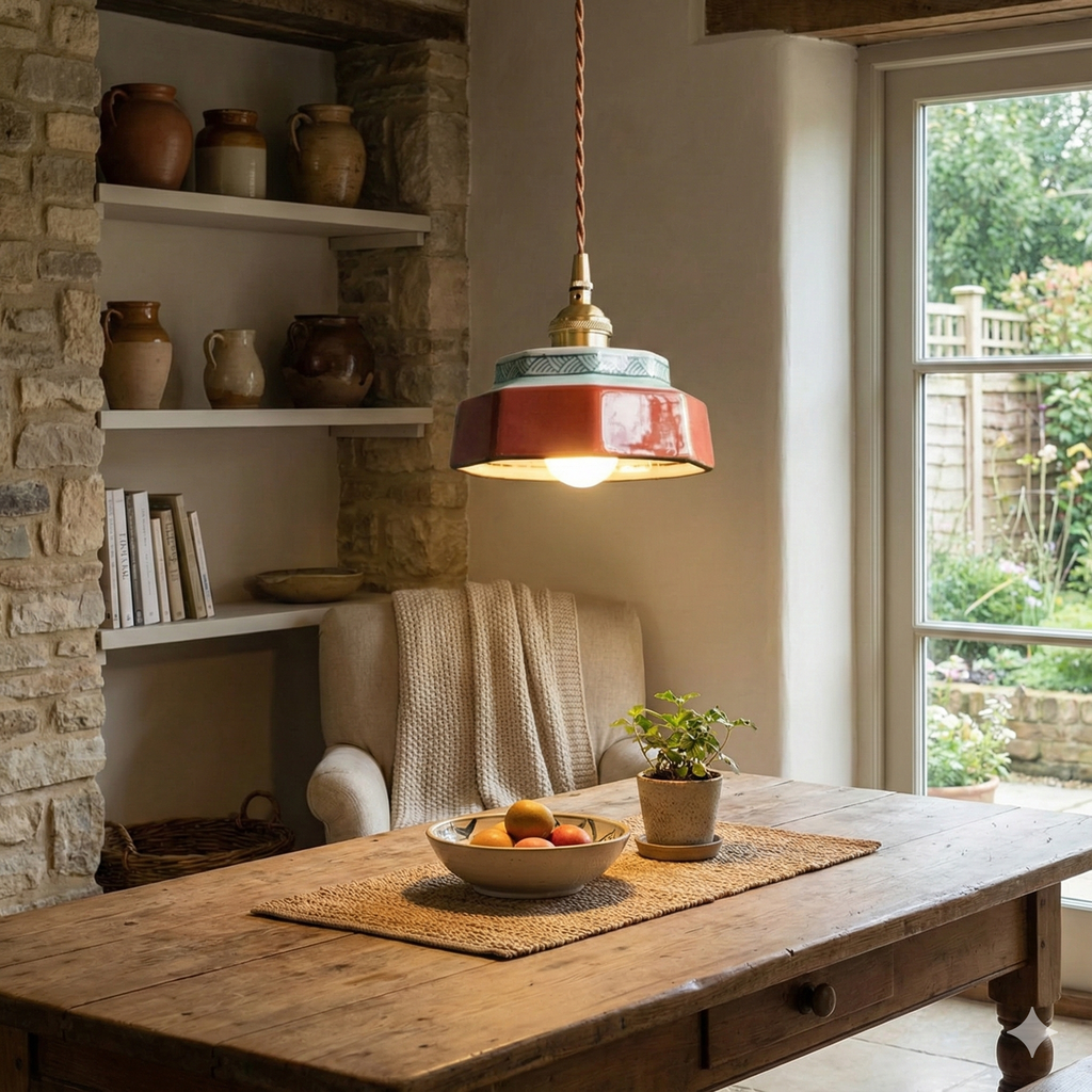 Geometric pendant lamp with patterned shade, copper-tone fitting and braided cord