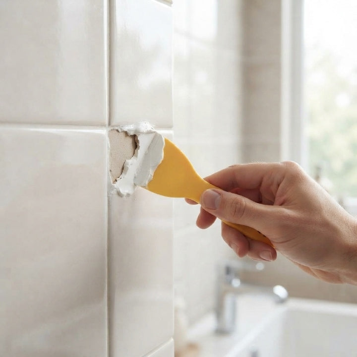 White ceramic tile repair paste tube with nozzle spatula and sandpaper