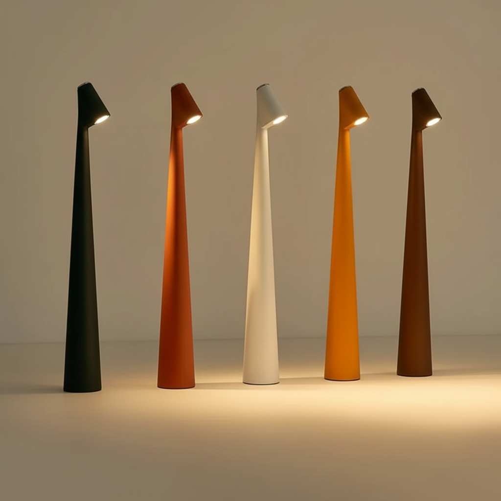 Cordless LED table lamp with a tall tapered body and angled light head