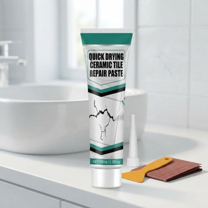 White ceramic tile repair paste tube with nozzle spatula and sandpaper