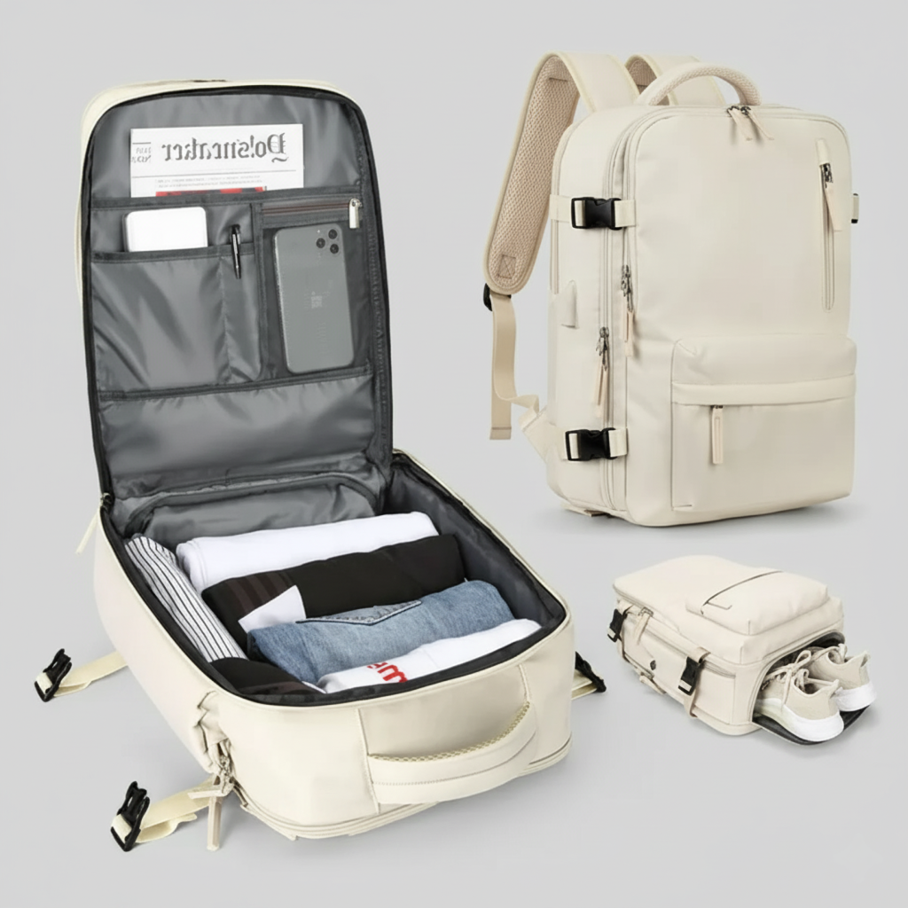 Structured waterproof travel backpack with multiple compartments and padded shoulder straps