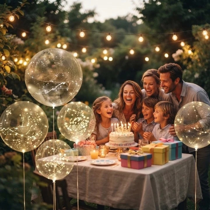 Clear balloon-style party lights with warm white light points