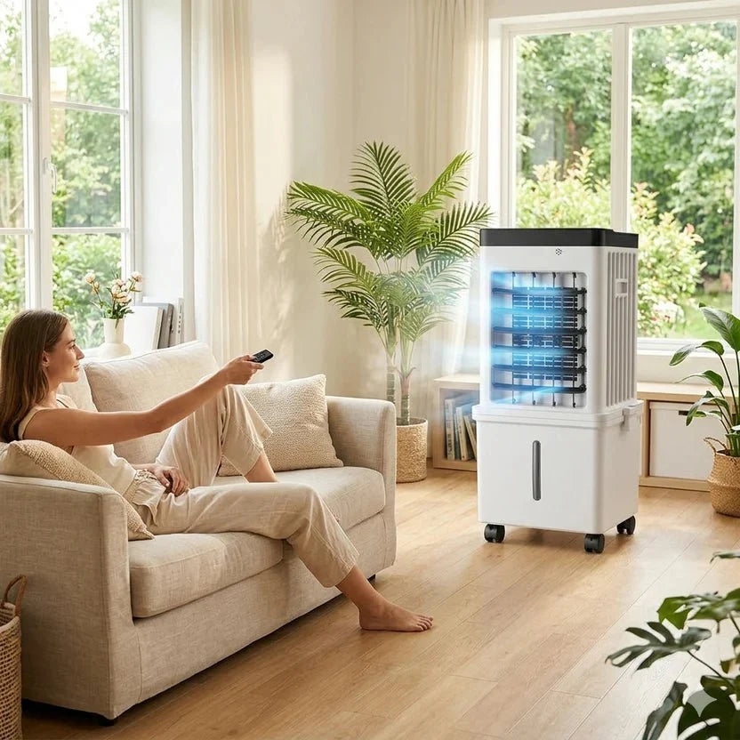 White portable air cooler with black control panel and castors