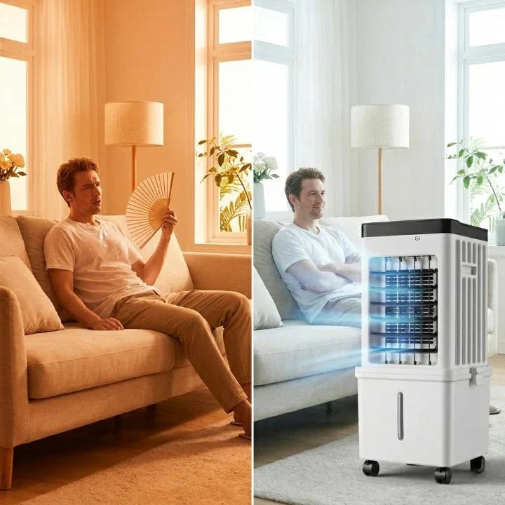 White portable air cooler with black control panel and castors
