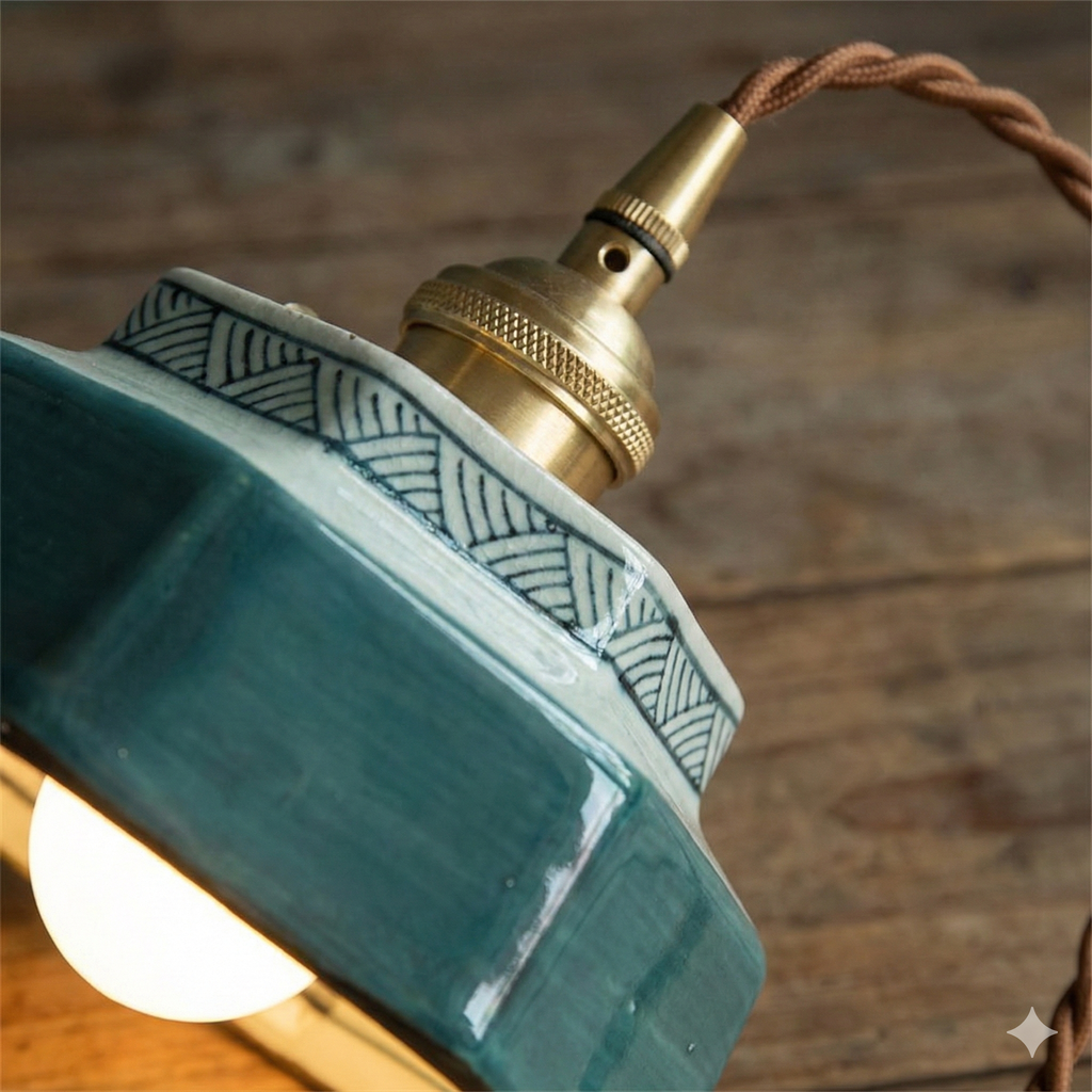 Geometric pendant lamp with patterned shade, copper-tone fitting and braided cord
