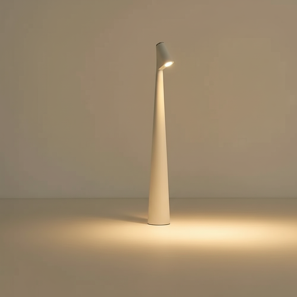 Cordless LED table lamp with a tall tapered body and angled light head