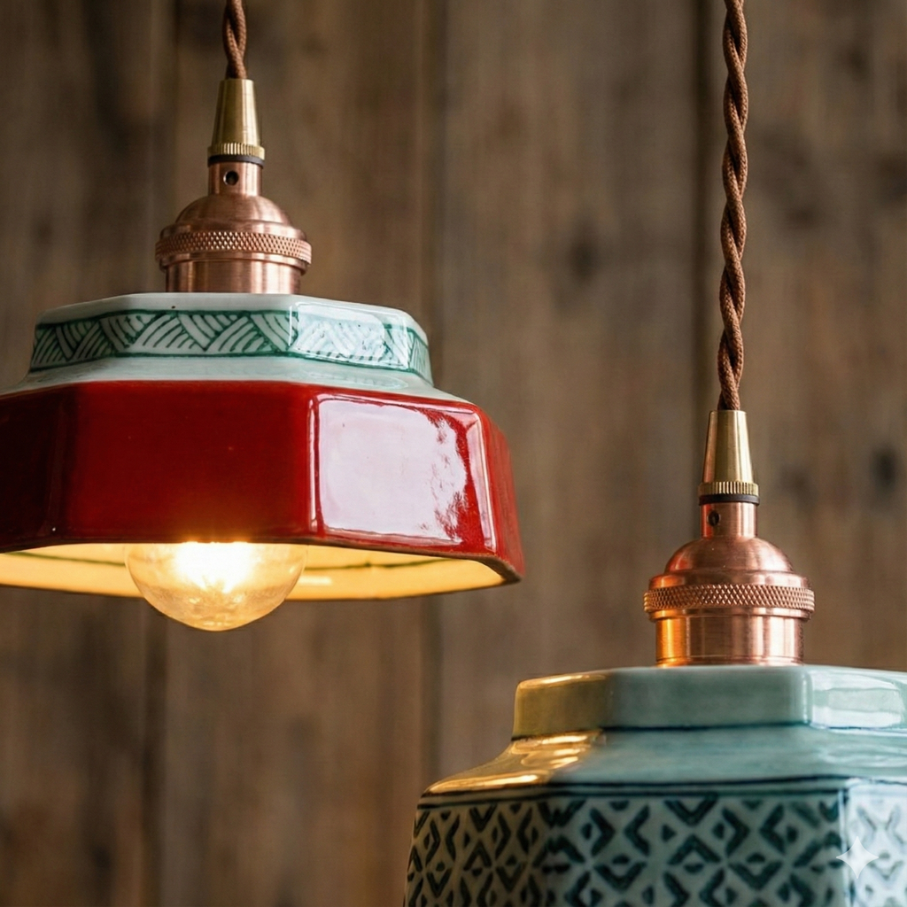 Geometric pendant lamp with patterned shade, copper-tone fitting and braided cord