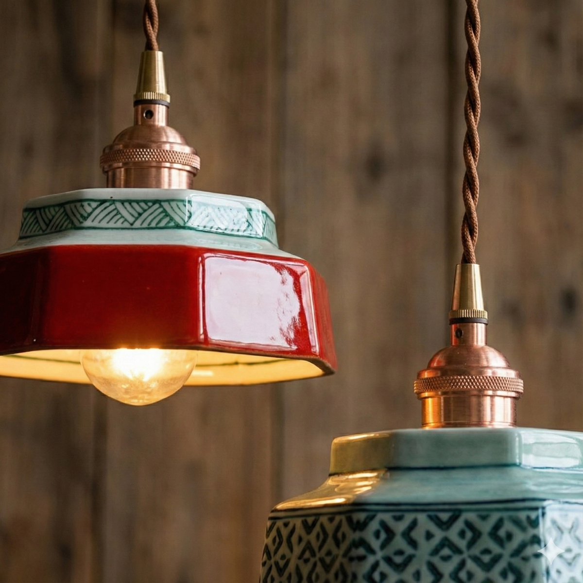 Geometric pendant lamp with patterned shade, copper-tone fitting and braided cord