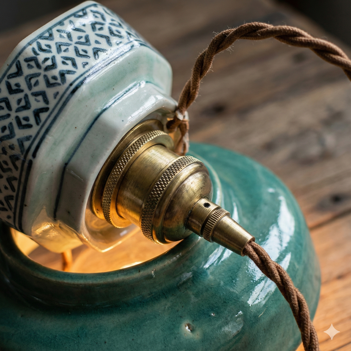 Geometric pendant lamp with patterned shade, copper-tone fitting and braided cord