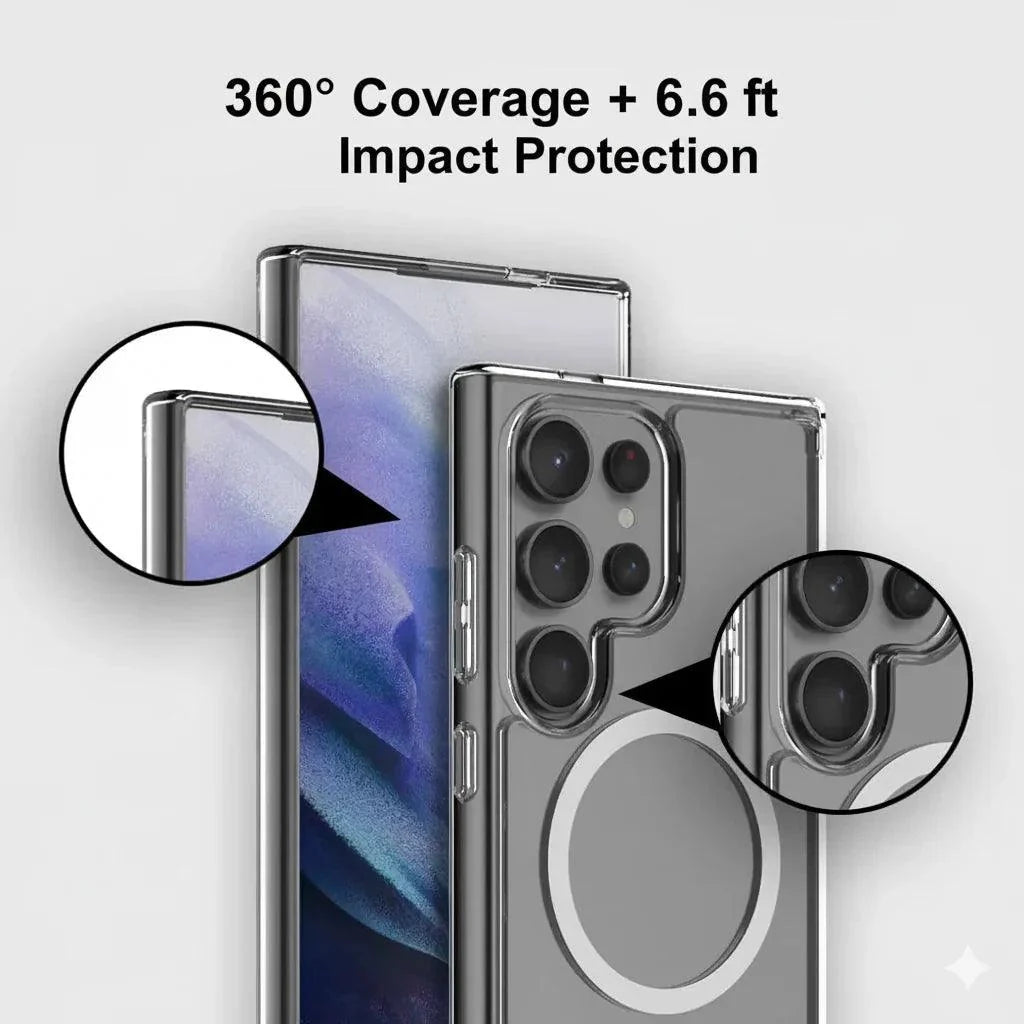 Clear MagSafe case for Samsung Galaxy S21 Ultra with camera cutout and circular magnetic ring