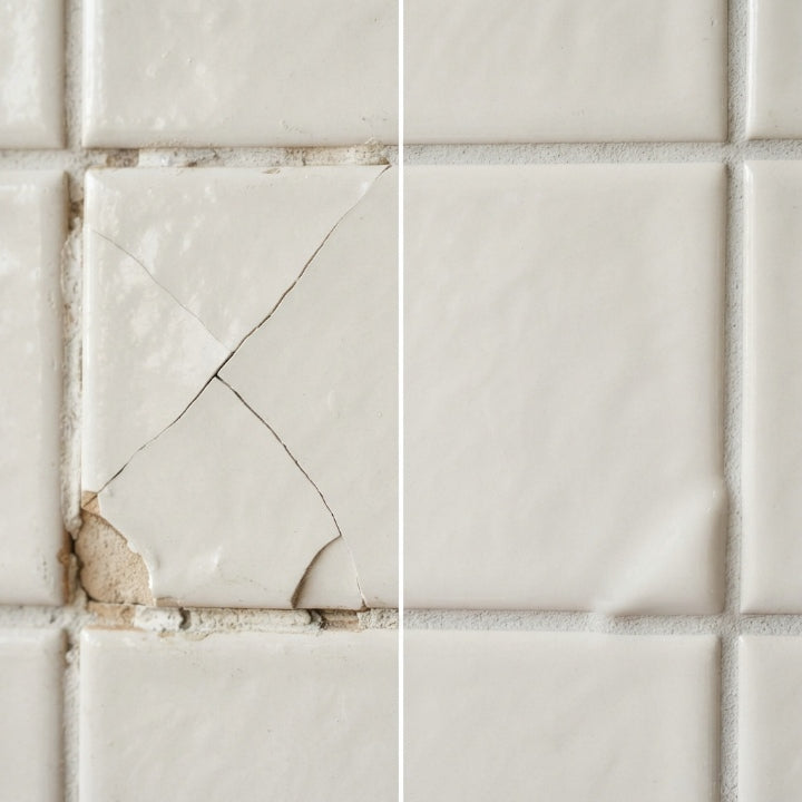 White ceramic tile repair paste tube with nozzle spatula and sandpaper