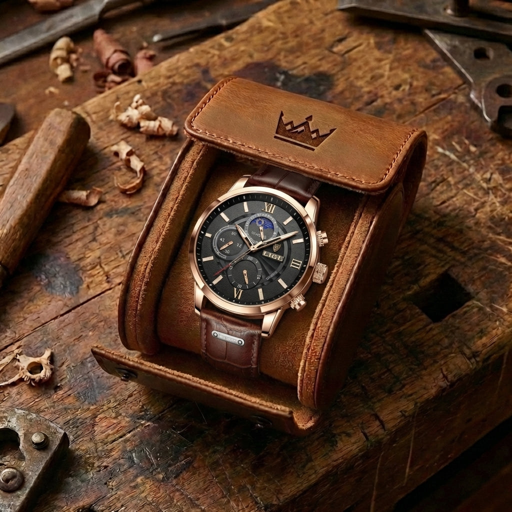 Classic analogue wristwatch with Roman numerals and multifunction dial