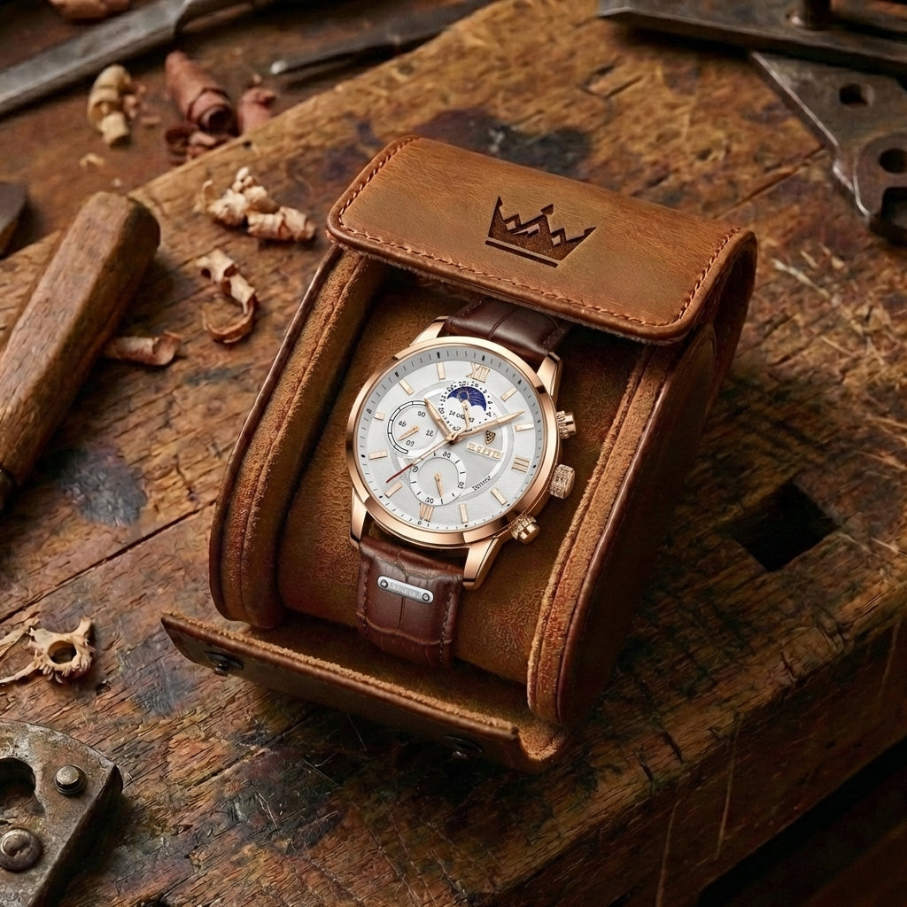 Classic analogue wristwatch with Roman numerals and multifunction dial