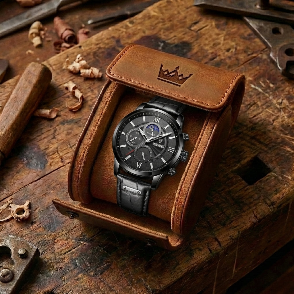 Classic analogue wristwatch with Roman numerals and multifunction dial