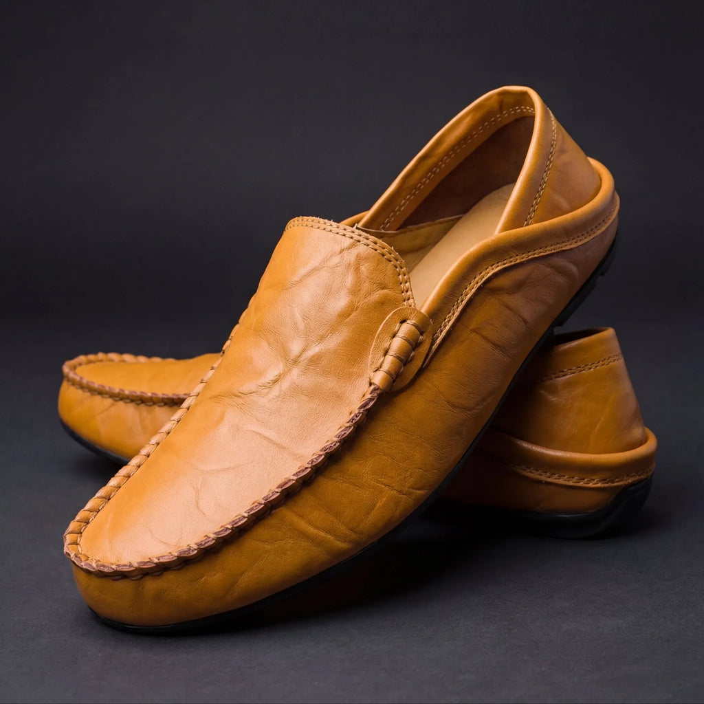 Slip-on moccasin shoes with stitched edging and rounded toes
