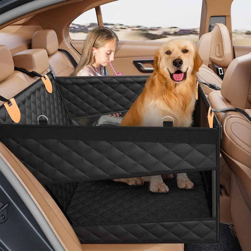 Structured dog car seat cover with hard base, quilted panels and mesh sections