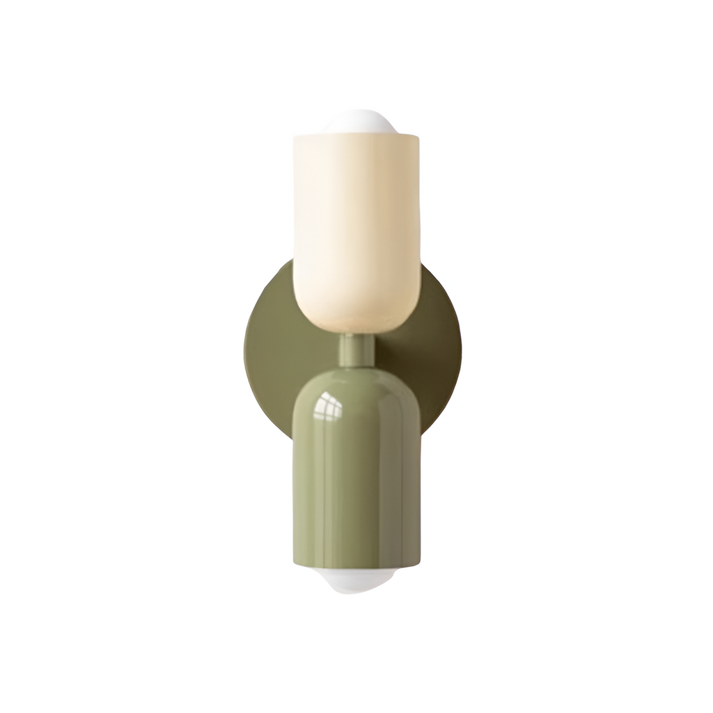 Double head wall light with two cylindrical shades and round backplate
