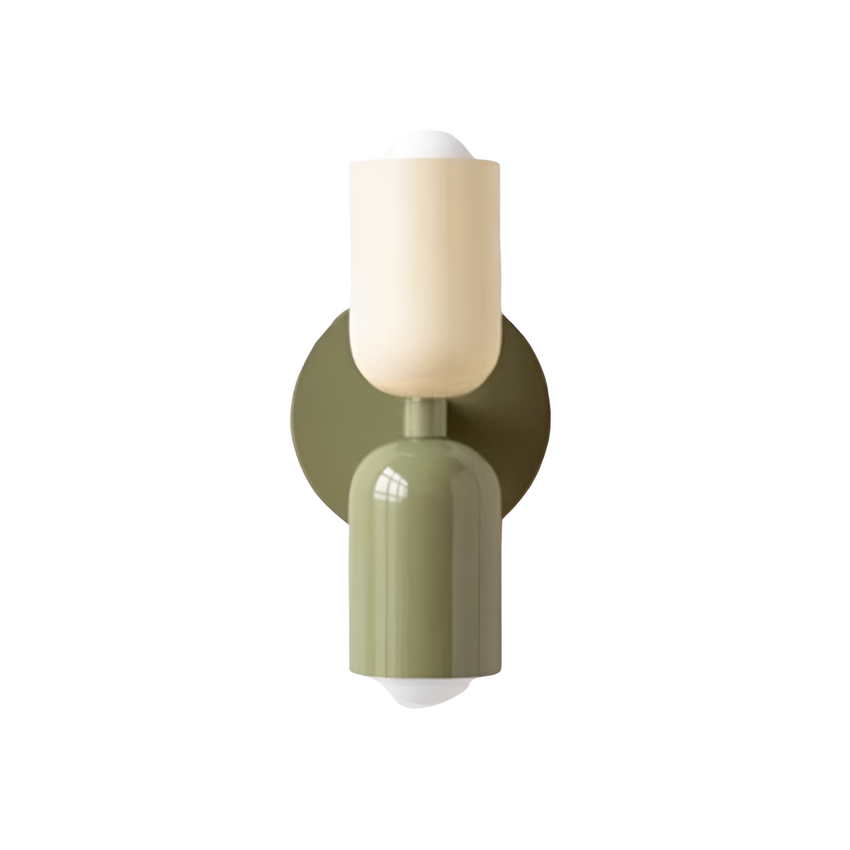 Double head wall light with two cylindrical shades and round backplate