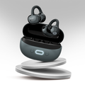 True wireless earbuds with curved ear hooks in an open charging case
