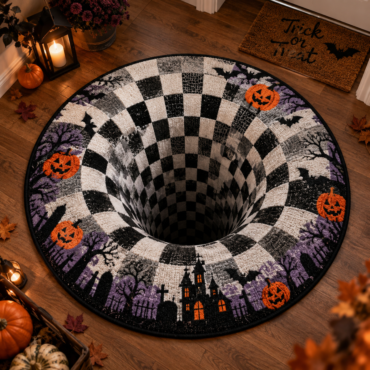 Round Halloween 3D illusion area rug with spooky seasonal designs