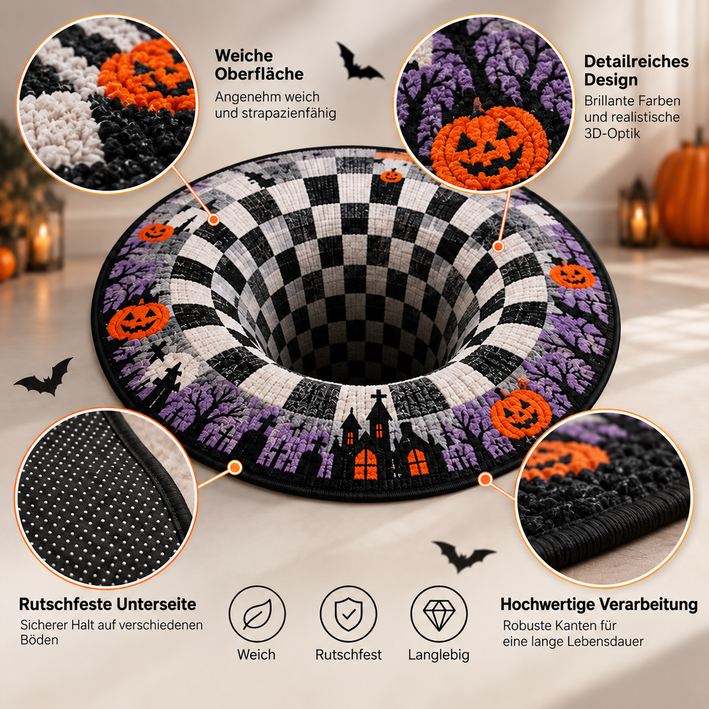Round Halloween 3D illusion area rug with spooky seasonal designs
