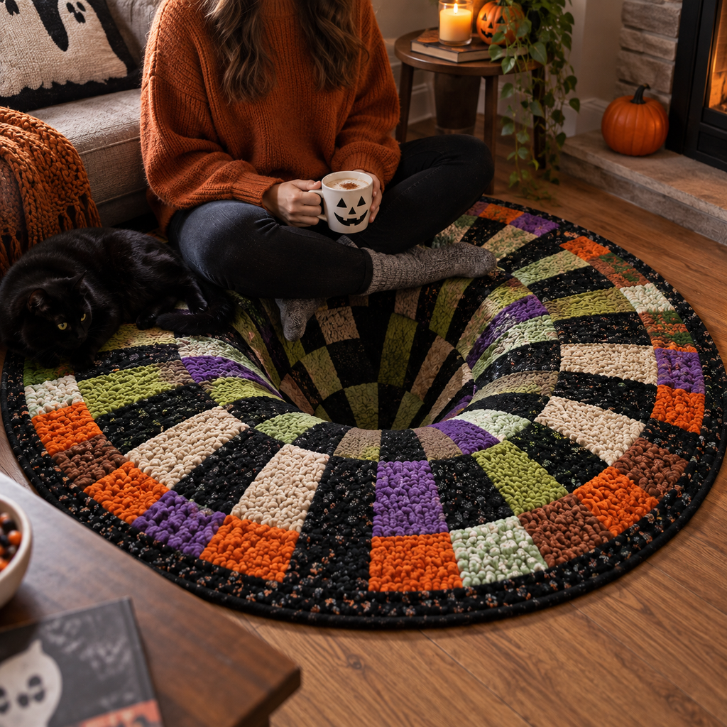 Round Halloween 3D illusion area rug with spooky seasonal designs