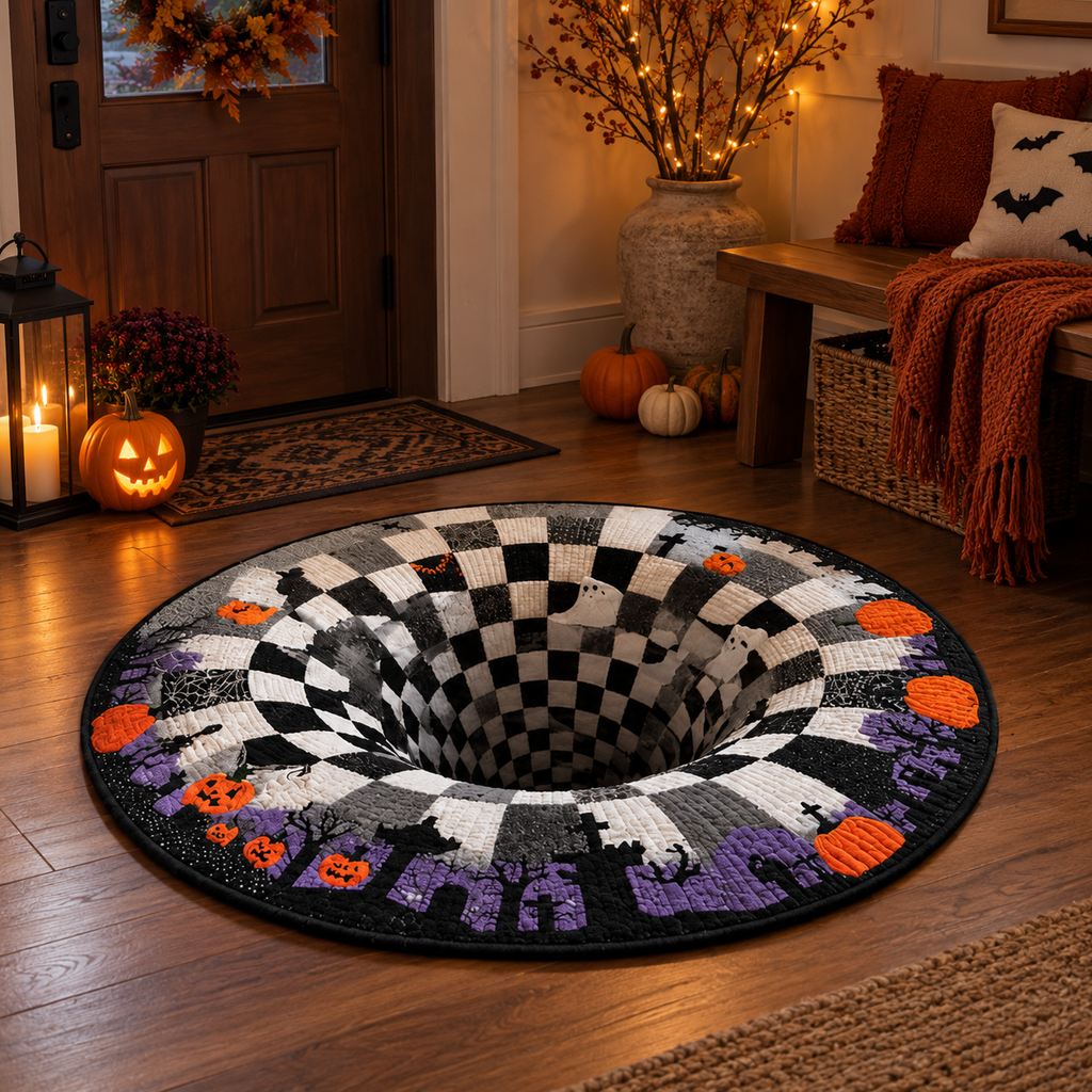 Round Halloween 3D illusion area rug with spooky seasonal designs