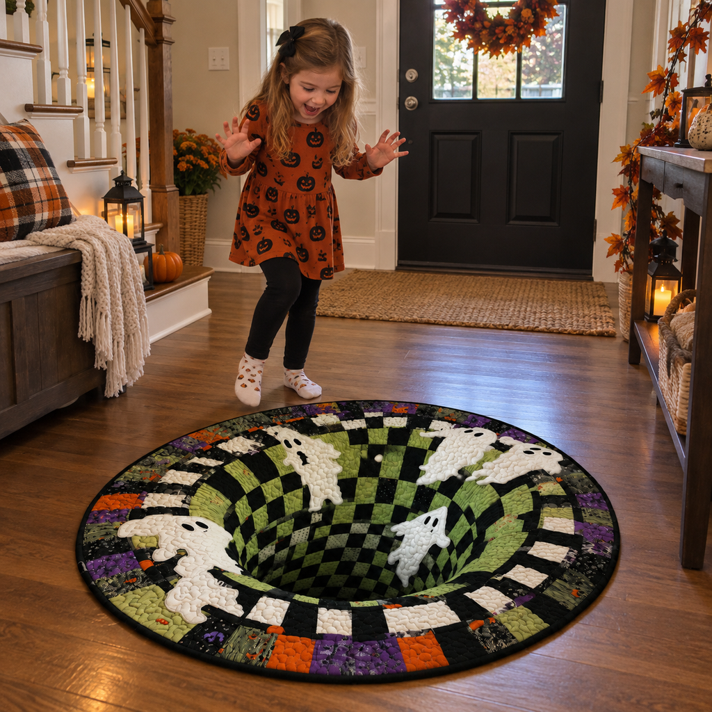 Round Halloween 3D illusion area rug with spooky seasonal designs